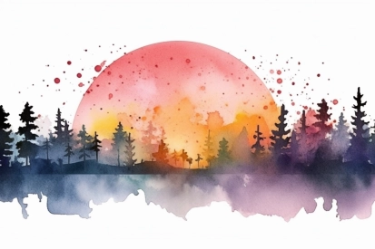 A watercolor painting of trees and a sunset