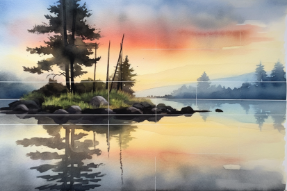 Watercolor painting of a lake with trees and a sunset