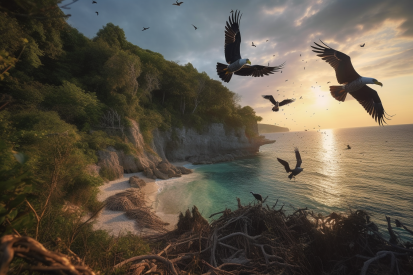 Birds flying over a beach