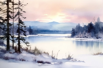 Watercolor of a lake with trees and mountains in the background