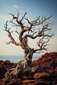 A tree with no leaves on rocks