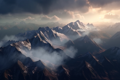 A mountain range with clouds and sun shining through