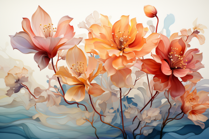 A group of flowers on a blue and white background