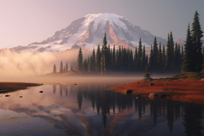 A mountain with trees and a lake