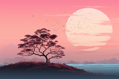 A tree on a hill with a pink sky and birds flying over it