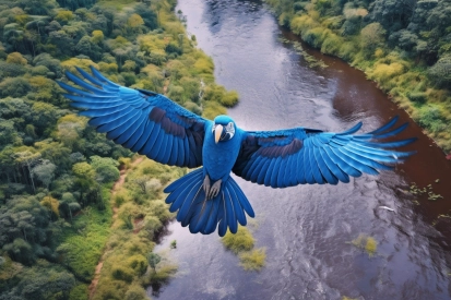 A blue parrot flying over a river