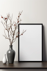 A vase with branches in it next to a picture frame