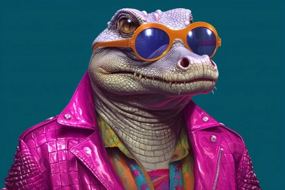 A lizard wearing sunglasses and a pink jacket