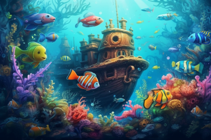 A cartoon of fish swimming in the ocean