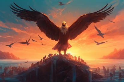 A bird standing on a rock with many birds in the background