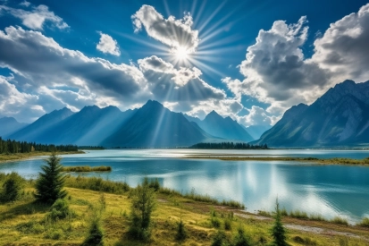 A lake with mountains and sun shining through clouds