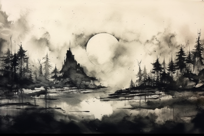 A black and white drawing of a landscape with trees and a moon
