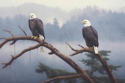 Two bald eagles on a tree branch
