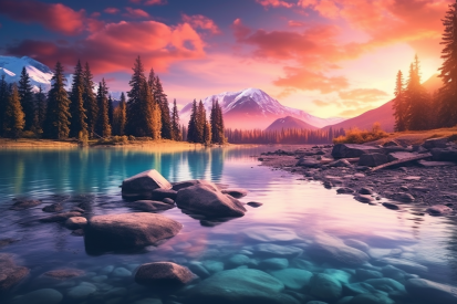 A lake with rocks and trees in the background