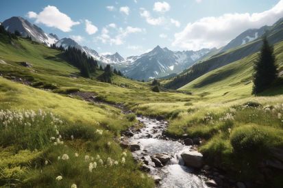 A river running through a valley with mountains in the background