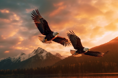 Two eagles flying over water with mountains in the background