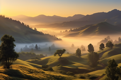 A landscape of hills with trees and fog
