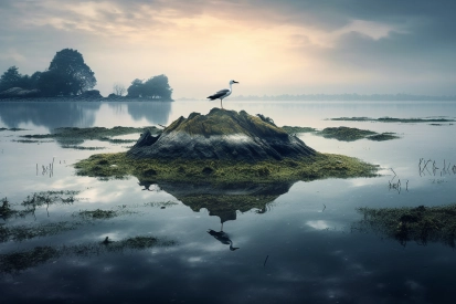 A bird standing on a rock in the water