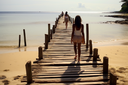 A group of people walking on a wooden bridge over water
