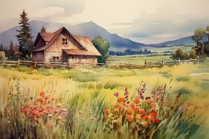 A watercolor painting of a house in a field of flowers