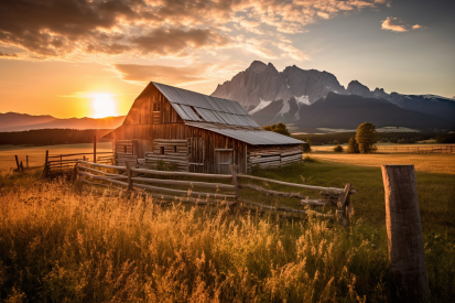 A barn in a field with a fence and mountains in the background