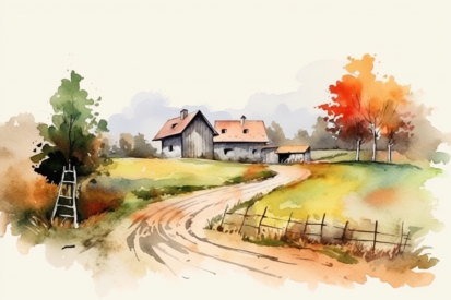 Watercolor of a farm house and a road