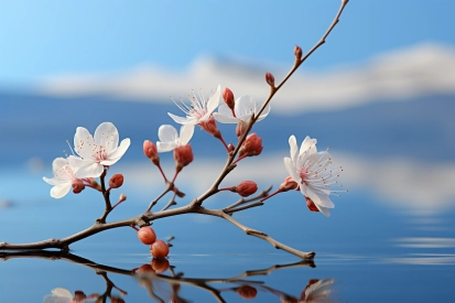 A branch with white flowers and buds on it