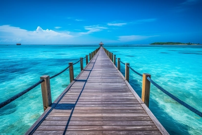A wooden dock leading to the ocean