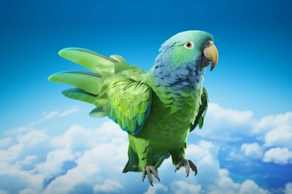 A green parrot flying in the sky