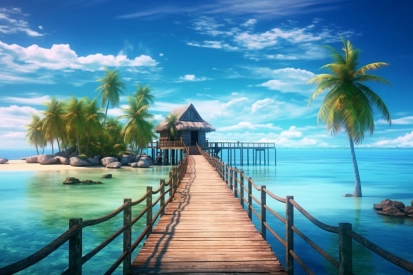 A wooden walkway leading to a hut on a tropical island