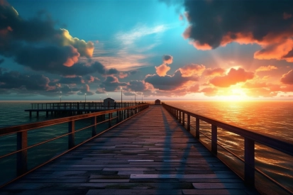 A dock with railings and a sunset