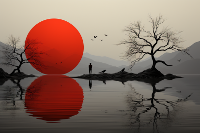 A person standing on a rock in front of a large red sun