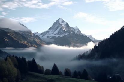 A mountain range with trees and clouds