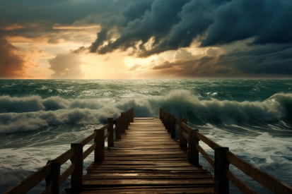 A wooden dock leading to a large wave