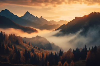 A mountain range with trees and fog