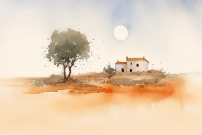 A watercolor painting of a house and a tree