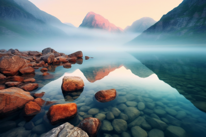 A rocky shore of a lake