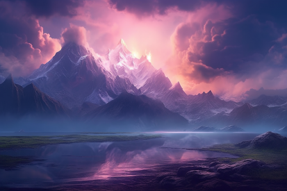 A mountain range with a body of water and clouds