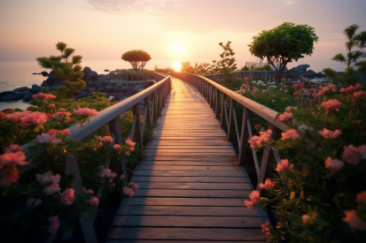 A wooden walkway with railings and flowers