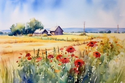 A painting of a field of flowers