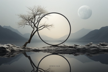 A tree and a circle on a rock by water