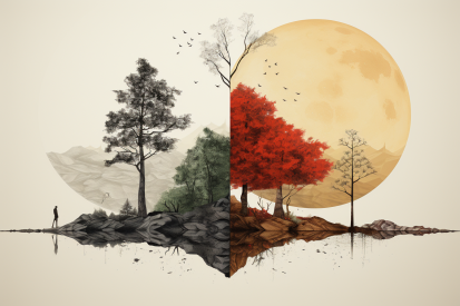 A tree and moon with different colors