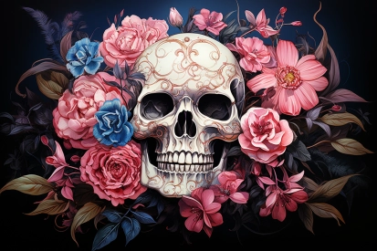 a skull surrounded by flowers