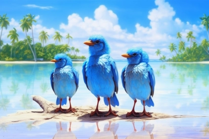 A group of blue birds standing on a log near water