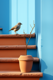 A bird sitting on a plant in a pot