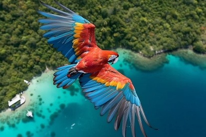 A parrot flying over water