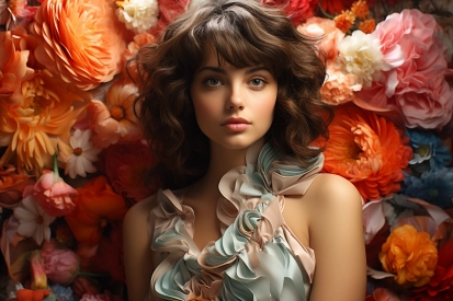 a woman posing in front of a flower wall