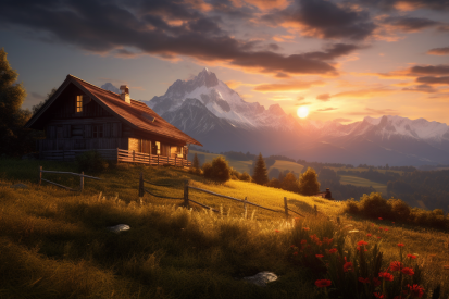 A house on a hill with mountains in the background