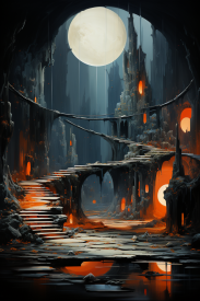 A stone walkway with stairs and a moon
