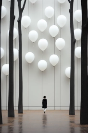 A person standing in front of a wall with white balloons